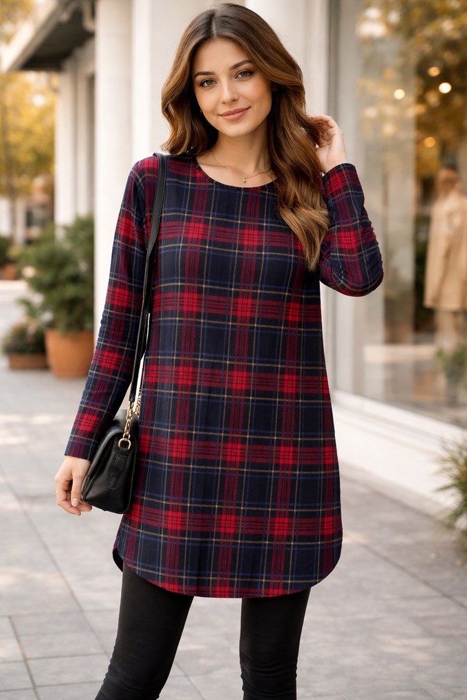 Kareli Kırmızı Denim Midi Tunik - Görsel 2