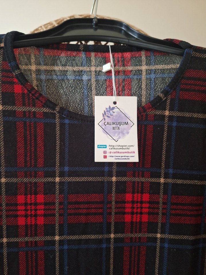 Kareli Kırmızı Denim Midi Tunik - Görsel 5