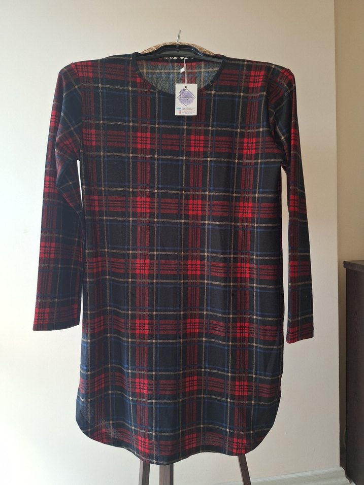 Kareli Kırmızı Denim Midi Tunik - Görsel 3