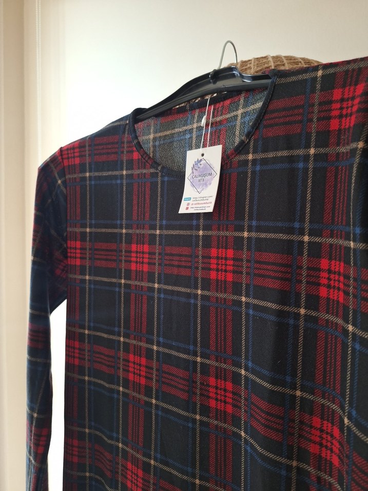 Kareli Kırmızı Denim Midi Tunik - Görsel 4