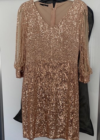 Bej V Yakalı Midi Payetli Elbise - Görsel 2