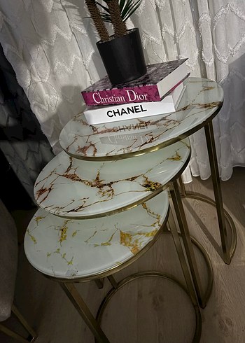 3 lü sehpa mermer desenli gold detay - Görsel 3