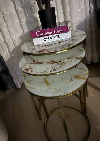 3 lü sehpa mermer desenli gold detay - Görsel 2