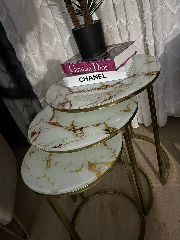 3 lü sehpa mermer desenli gold detay - Görsel 3