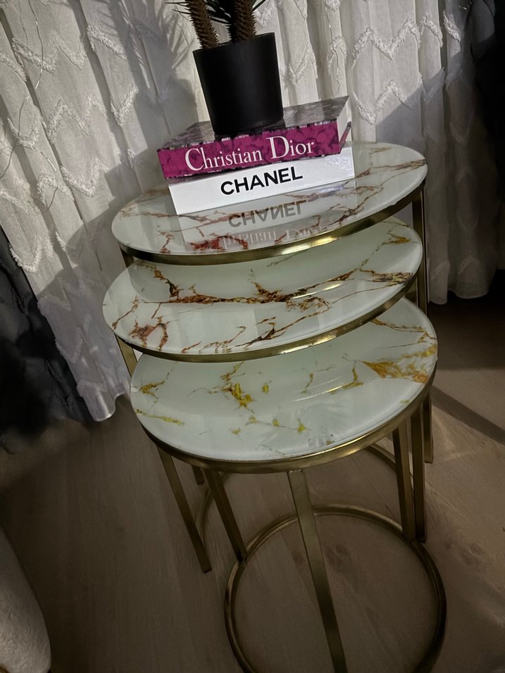 3 lü sehpa mermer desenli gold detay - Görsel 2