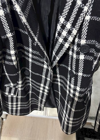 Kadın Gri Ekose Düğmeli Midi Blazer - Görsel 4