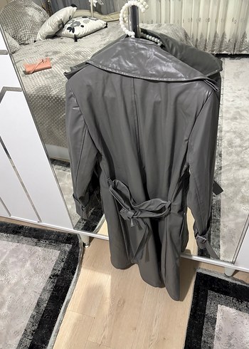 Gri Kadın Deri Trençkot - Görsel 5