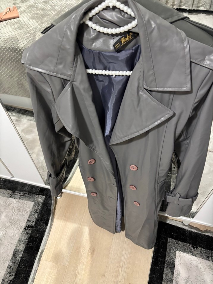 Gri Kadın Deri Trençkot - Görsel 2