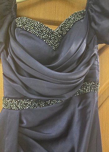 Kadın Lacivert Uzun Drapeli Abiye Elbise - Görsel 3