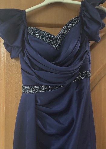 Kadın Lacivert Uzun Drapeli Abiye Elbise - Görsel 2