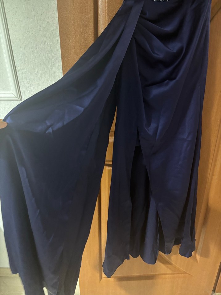 Kadın Lacivert Uzun Drapeli Abiye Elbise - Görsel 4
