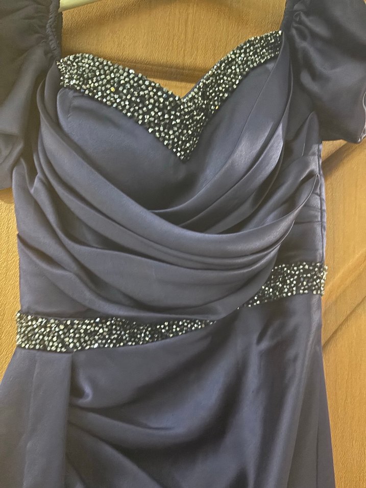 Kadın Lacivert Uzun Drapeli Abiye Elbise - Görsel 3