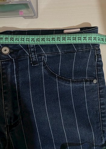 Düğmeli Lacivert Çizgili Kadın Kot Pantolon - Görsel 2