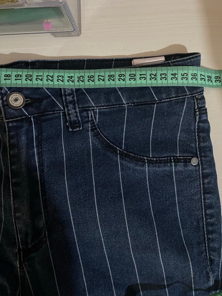 Düğmeli Lacivert Çizgili Kadın Kot Pantolon - Görsel 2