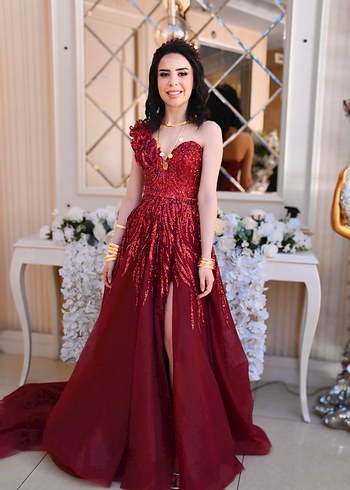 Bordo Straplez Uzun Abiye Elbise kına - Görsel 5