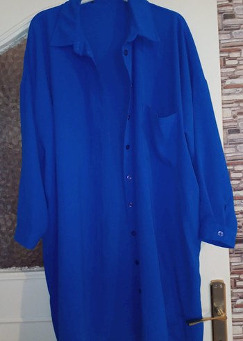 Mavi Uzun Kollu Düğmeli Salaş Kadın Gömlek - Görsel 2