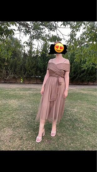 Bronz abiye tül abiye kayık yaka abiye midi boy