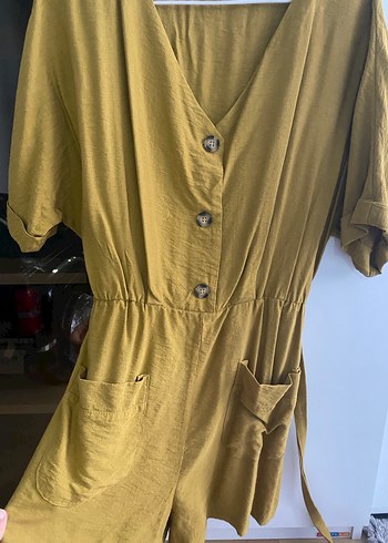 Düğmeli Sarı Keten Midi Tulum - Görsel 4