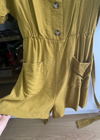 Düğmeli Sarı Keten Midi Tulum - Görsel 5