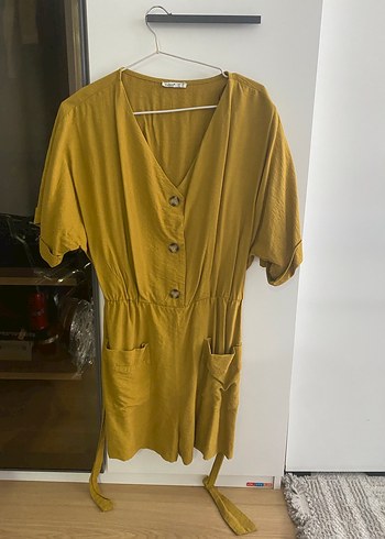 Düğmeli Sarı Keten Midi Tulum - Görsel 2