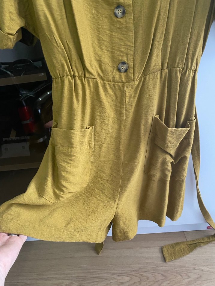 Düğmeli Sarı Keten Midi Tulum - Görsel 5