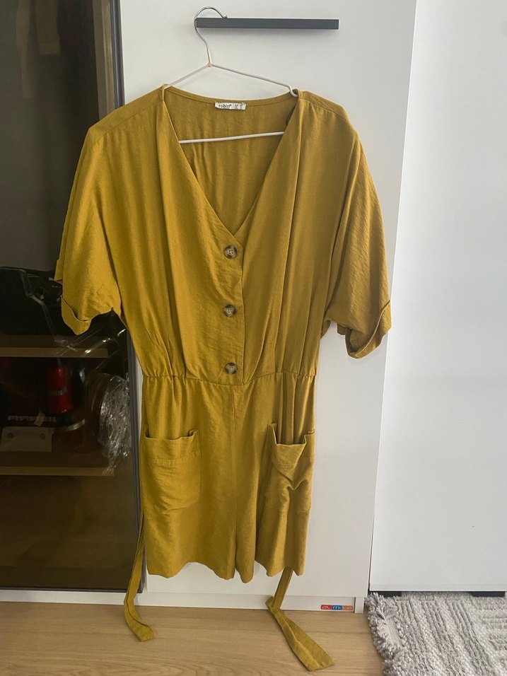 Düğmeli Sarı Keten Midi Tulum - Görsel 2