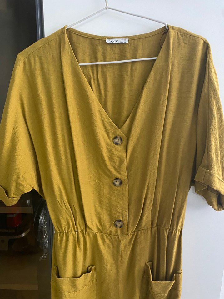 Düğmeli Sarı Keten Midi Tulum - Görsel 3