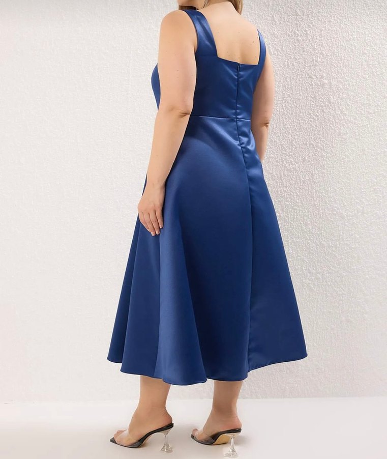 Parlak Lacivert Midi Abiye Elbise - Görsel 2