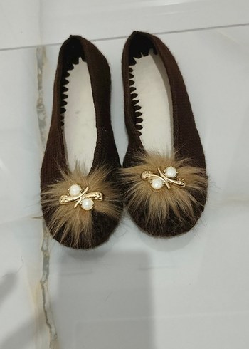 Kahverengi Kürklü Örgü Kadın Terlik - Görsel 2