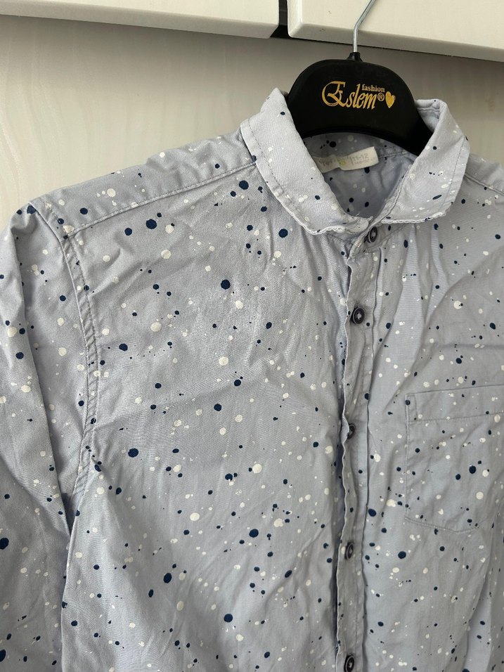 Gri Batik Desenli çocuk Keten Gömlek - Görsel 5