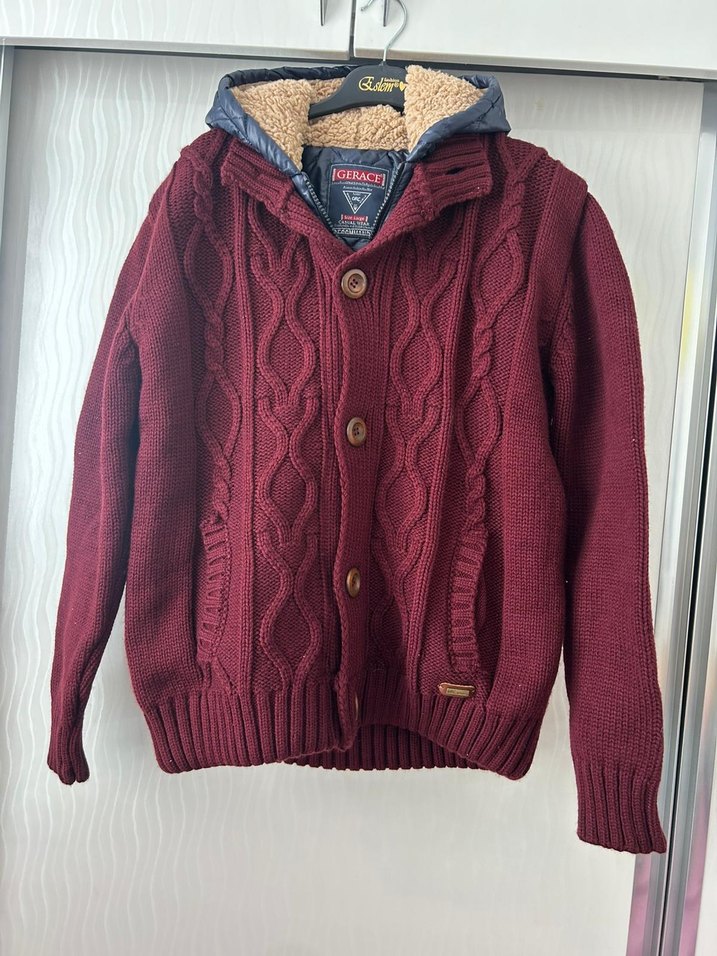 Bordo Erkek Örgü Hırka Kapüşonlu - Görsel 4