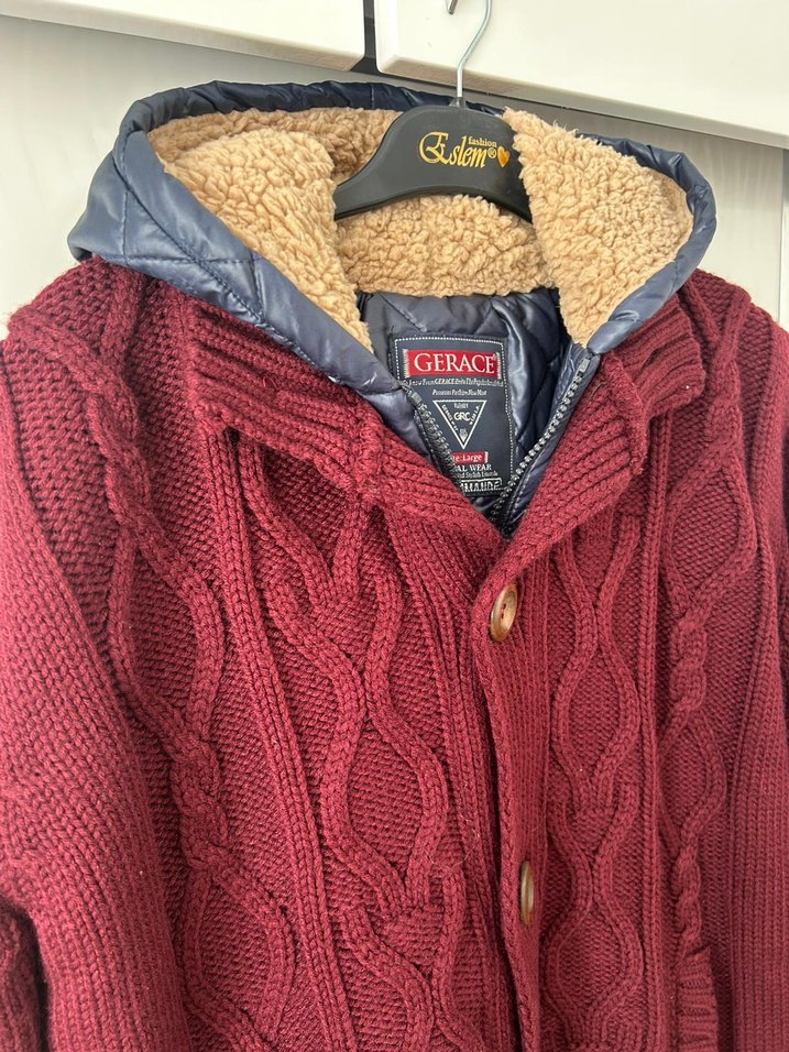 Bordo Erkek Örgü Hırka Kapüşonlu - Görsel 2