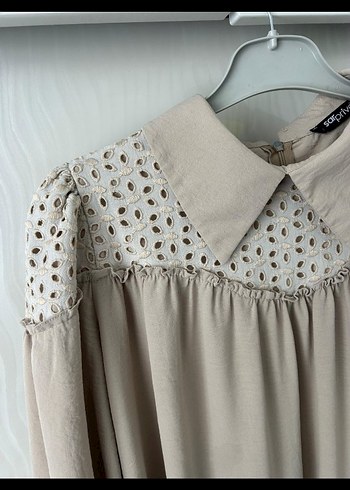 Bej Uzun Kollu Nakışlı Kadın Tunik - Görsel 5