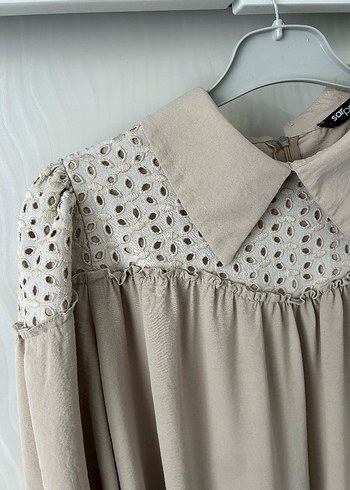 Bej Uzun Kollu Nakışlı Kadın Tunik - Görsel 10