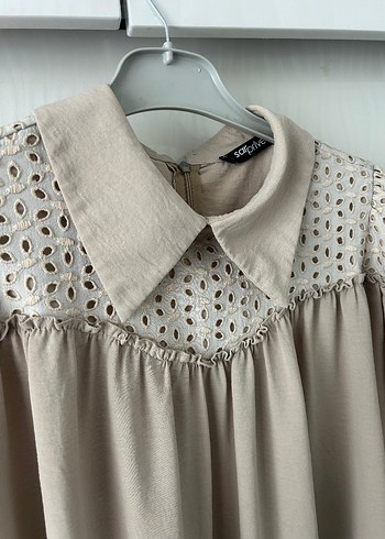 Bej Uzun Kollu Nakışlı Kadın Tunik - Görsel 2