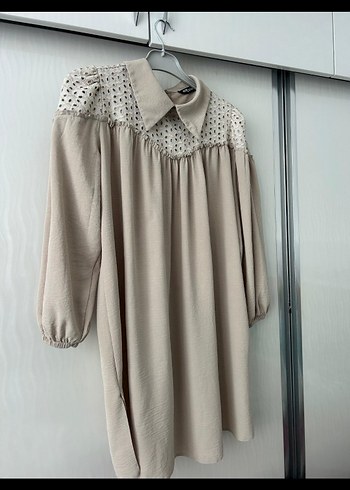 Bej Uzun Kollu Nakışlı Kadın Tunik - Görsel 7