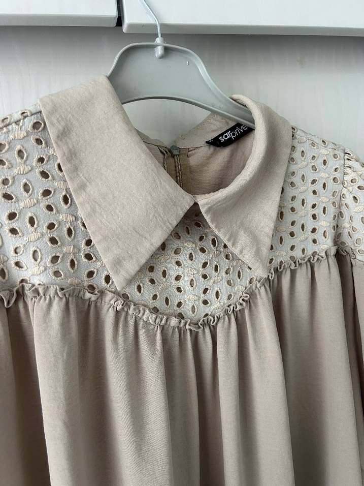 Bej Uzun Kollu Nakışlı Kadın Tunik - Görsel 2