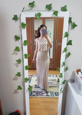 xs Beden Bej Çizgili V Yaka Midi Elbise