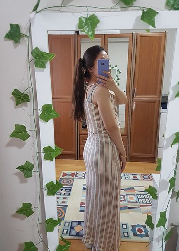 H&M Bej Çizgili V Yaka Midi Elbise