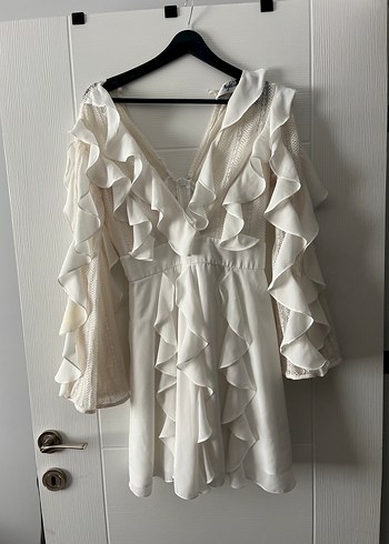 Beyaz Fırfırlı Mini Bohem Uzun Kollu Elbise - Görsel 7