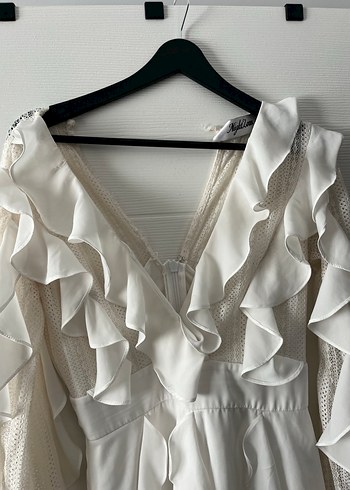 Beyaz Fırfırlı Mini Bohem Uzun Kollu Elbise - Görsel 4