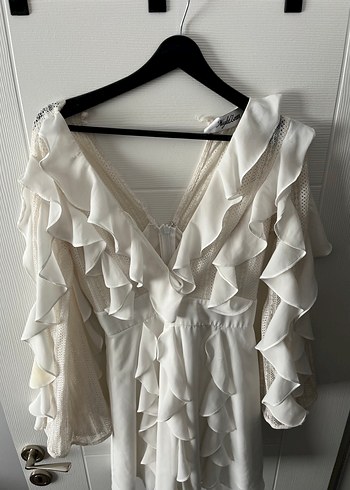 Beyaz Fırfırlı Mini Bohem Uzun Kollu Elbise - Görsel 3