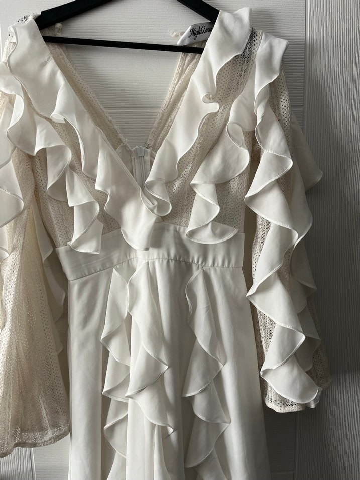 Beyaz Fırfırlı Mini Bohem Uzun Kollu Elbise - Görsel 2