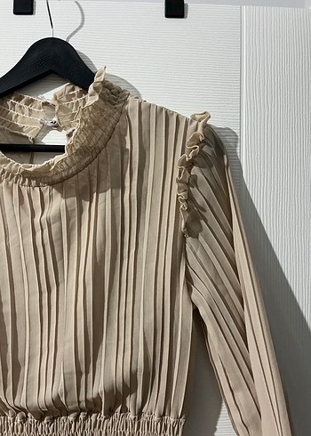 Bej Piliseli Uzun şifon Elbise - Görsel 3