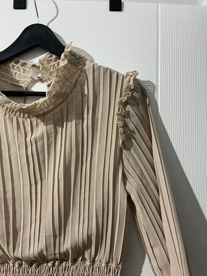 Bej Piliseli Uzun şifon Elbise - Görsel 3