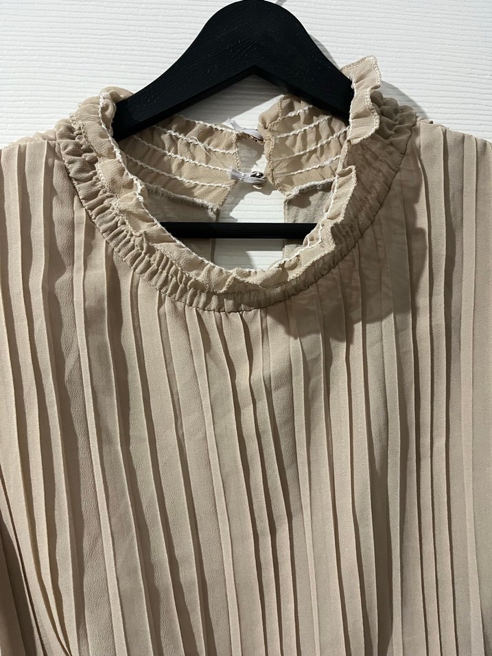 Bej Piliseli Uzun şifon Elbise - Görsel 4