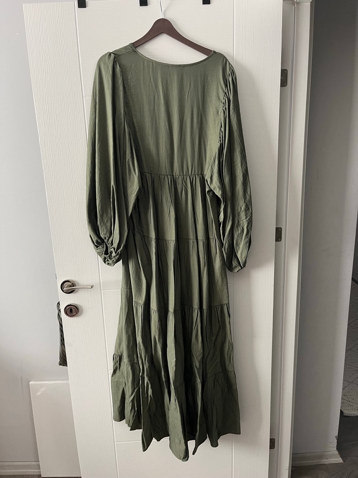 Kadın Haki Uzun Keten Elbise - Görsel 4