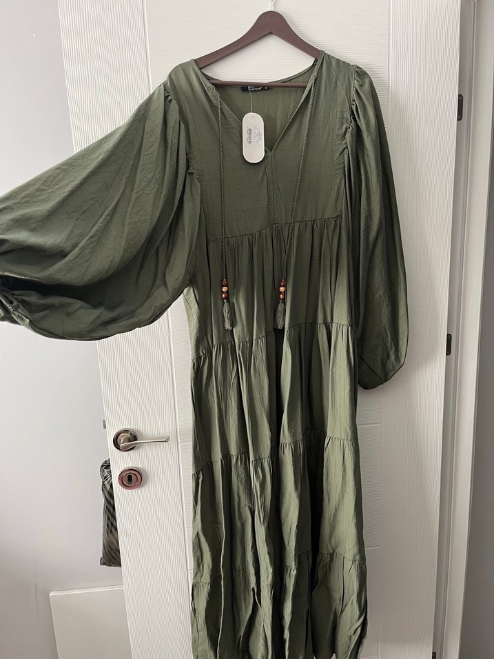 Kadın Haki Uzun Keten Elbise - Görsel 2