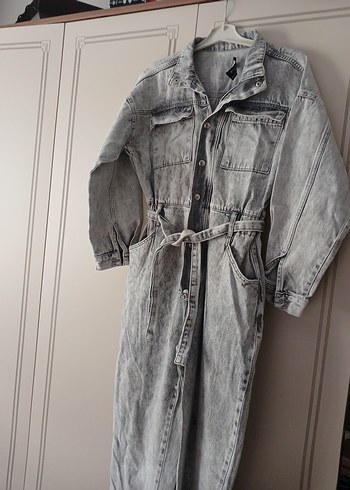 Diğer Gri Uzun Denim Tulum, Kemerli, Salaş Kesim