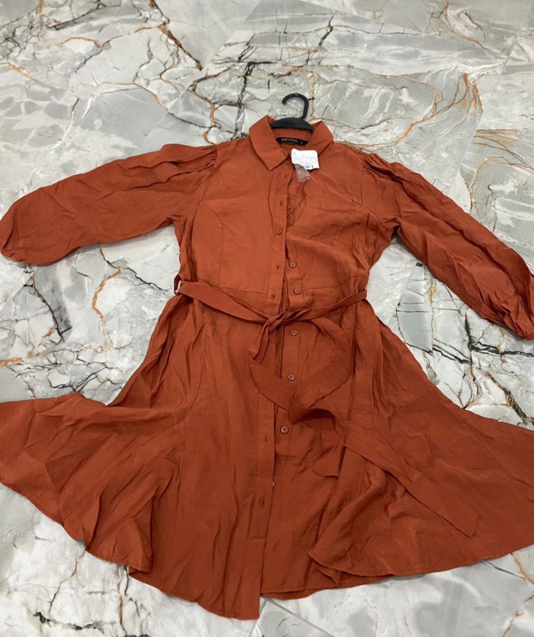 Kemerli Kısa Kollu Kahverengi Midi Elbise - Görsel 3